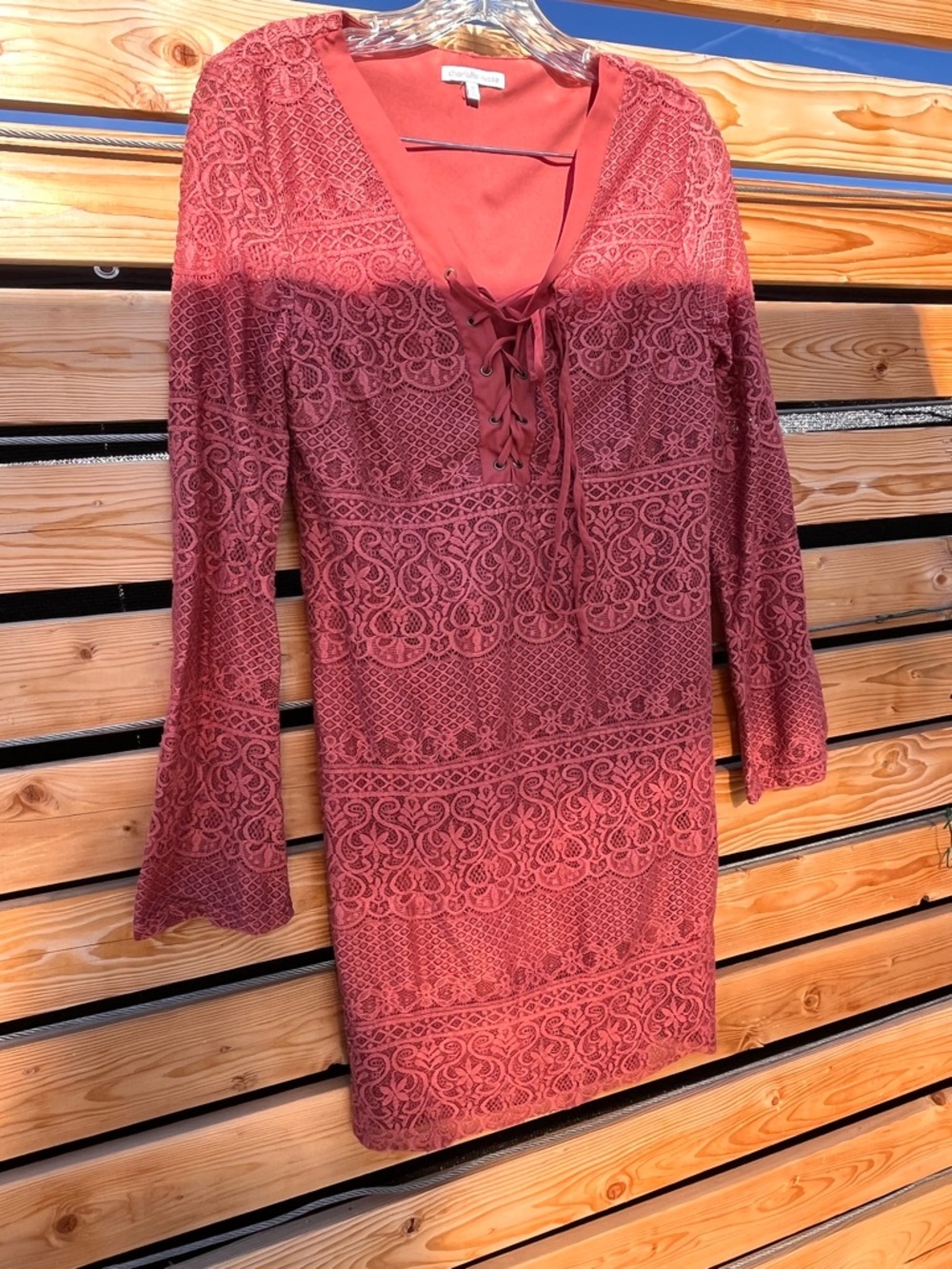 Charlotte Russe Brick Red Lace-Up Long Sleeve Dress